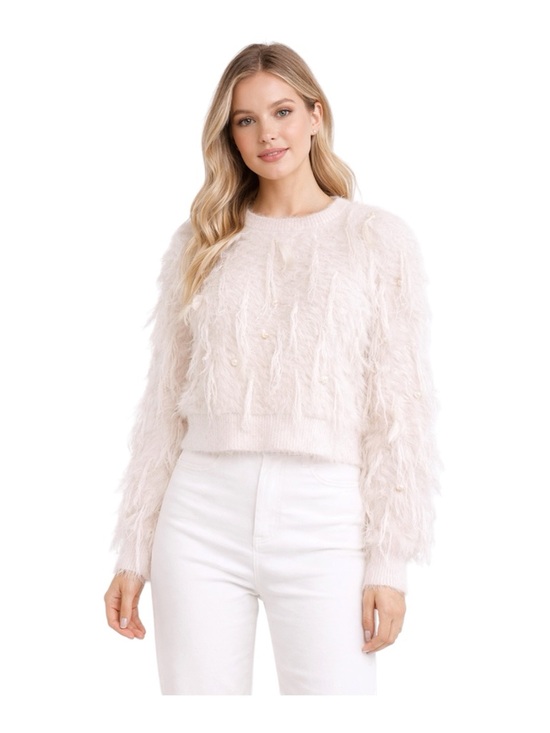 On 12th Sweaters - On 12th Fuzzy Eyelash Pearl Feather Cropped Sweater Small Soft Pink Chic